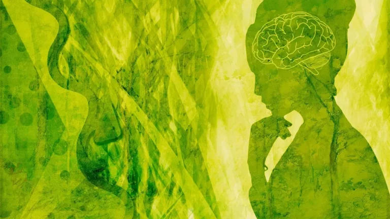 Silhouette einer Frau, die nachdenkt, daneben Hirnstrukturen